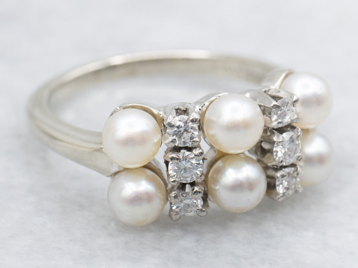 Double Row Saltwater Pearl and Diamond Cocktail Ring