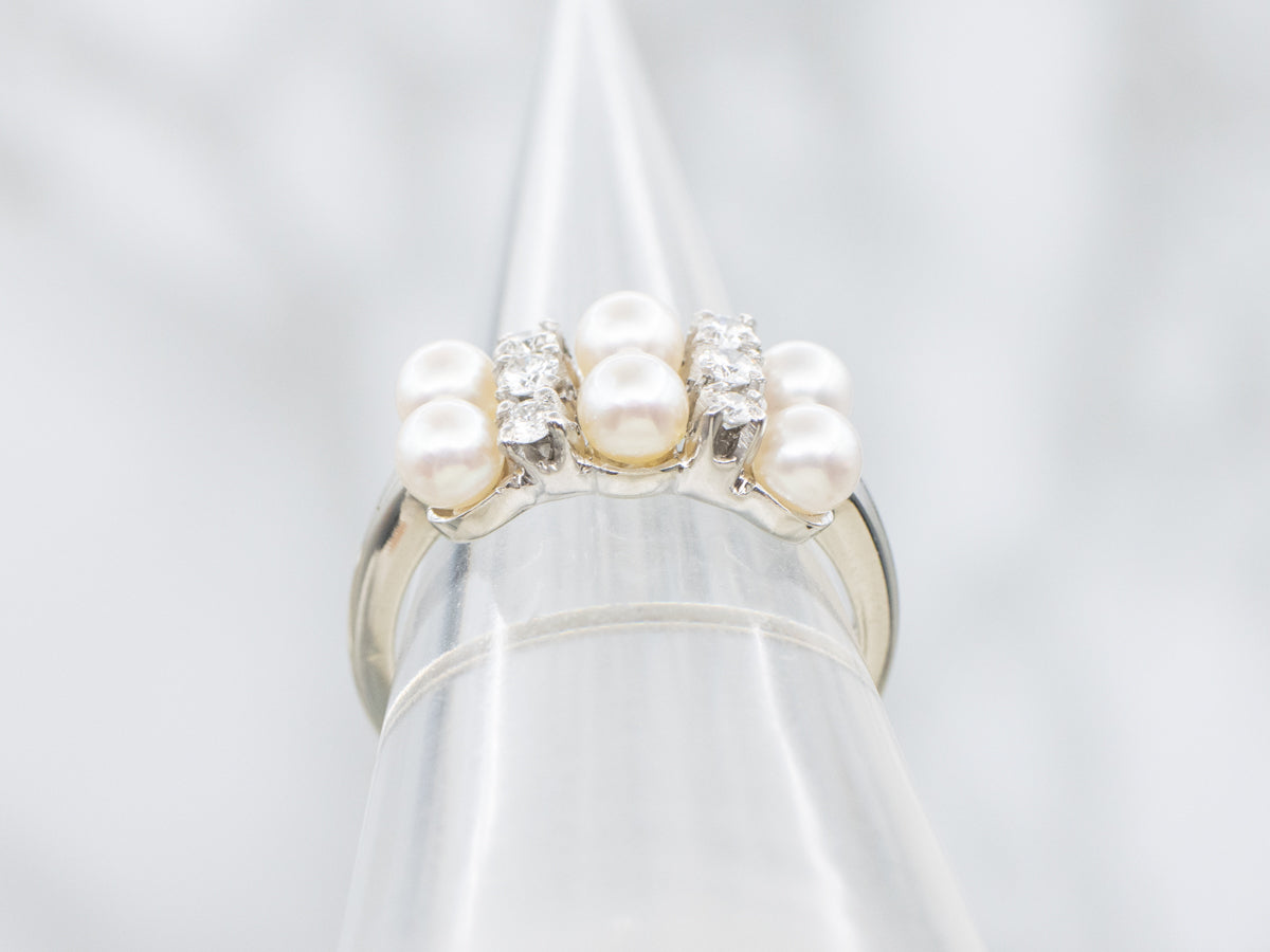 Double Row Saltwater Pearl and Diamond Cocktail Ring