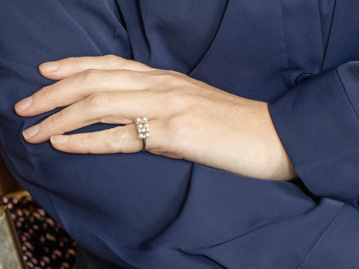 Double Row Saltwater Pearl and Diamond Cocktail Ring