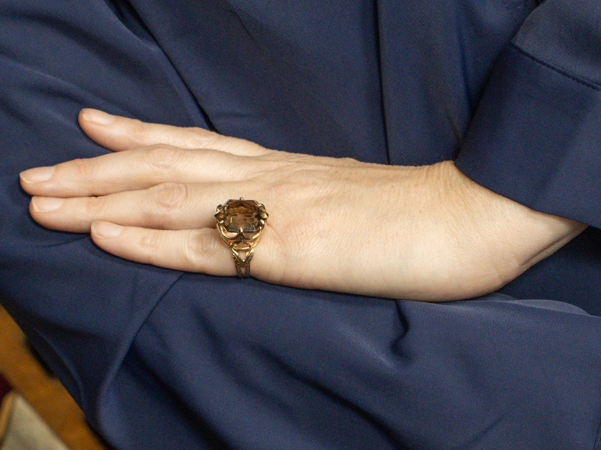 Vintage Fancy Cut Smokey Quartz Gold Cocktail Ring