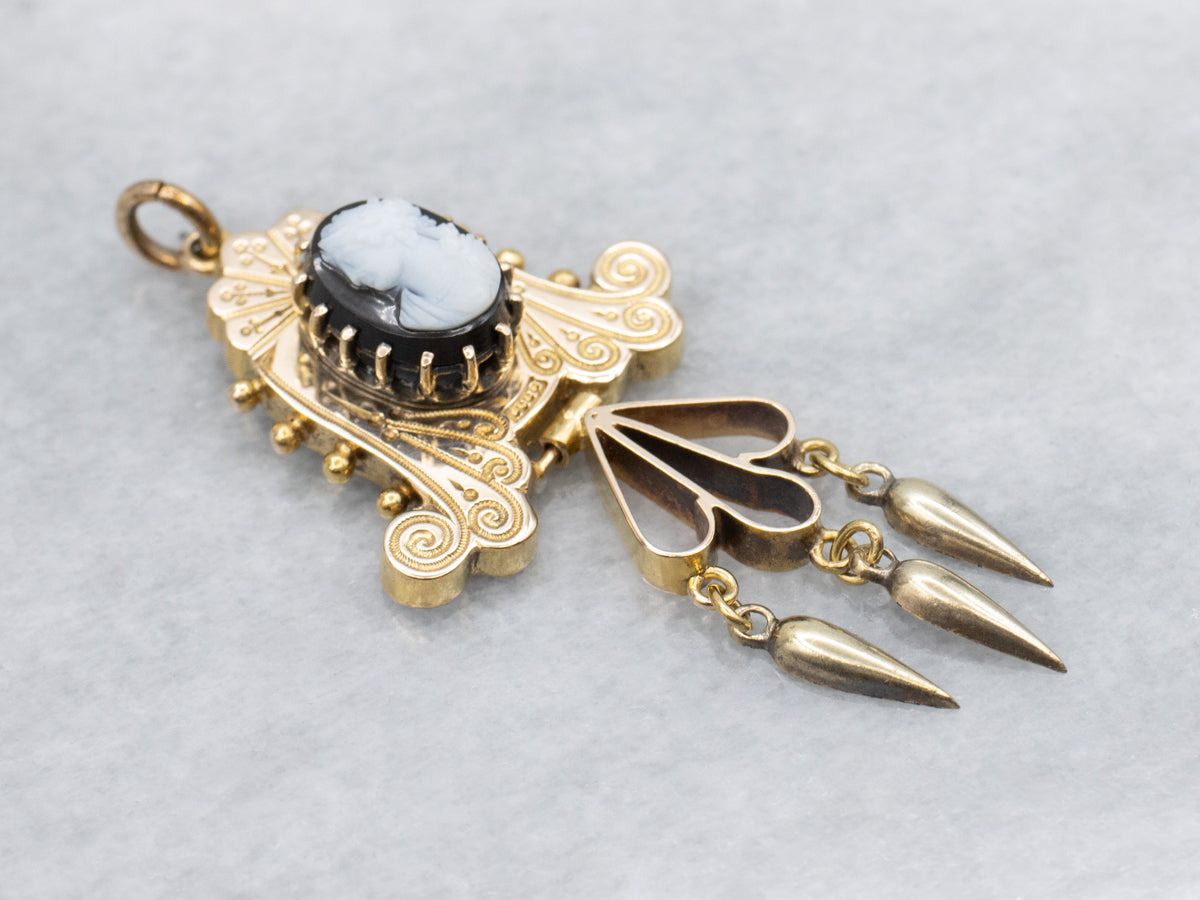 Victorian Era Ornate Sardonyx Cameo Gold Drop Pendant
