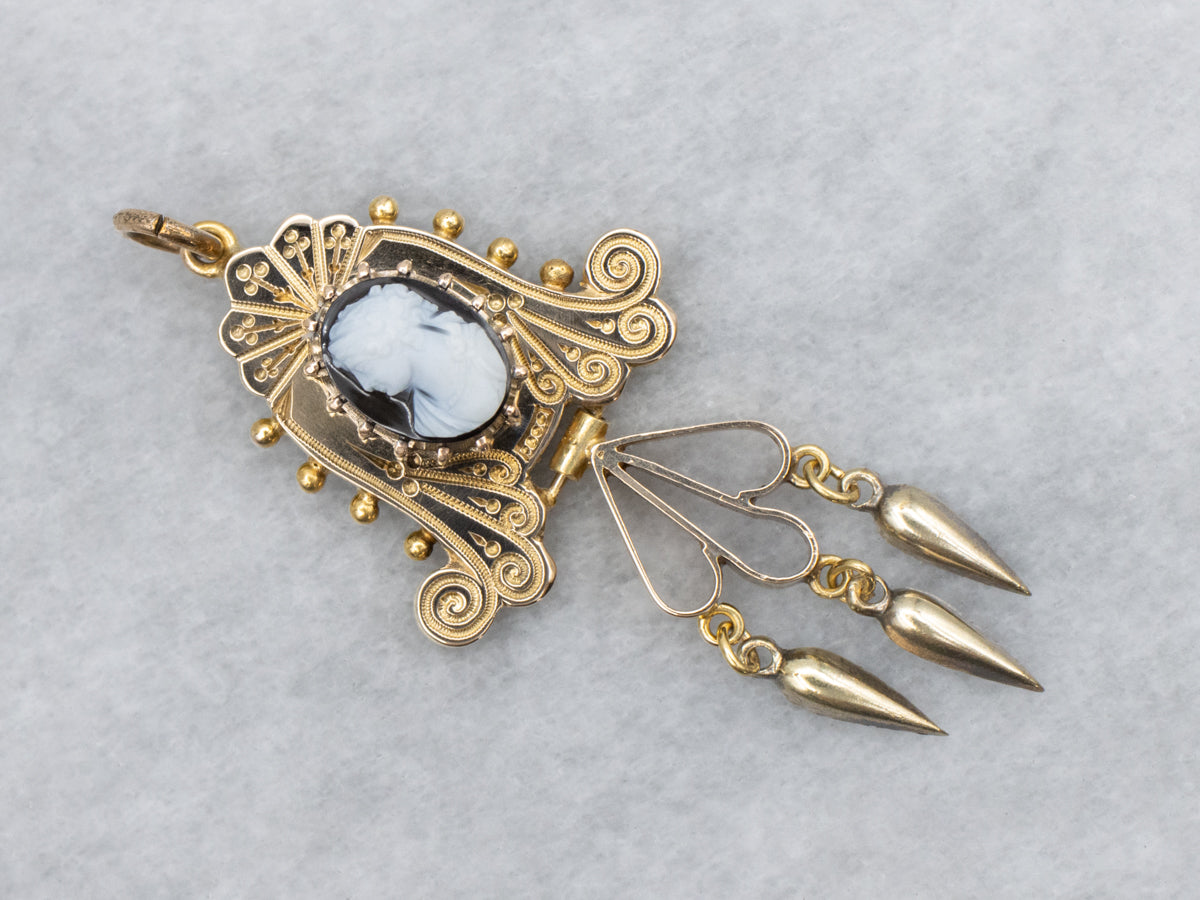 Victorian Era Ornate Sardonyx Cameo Gold Drop Pendant