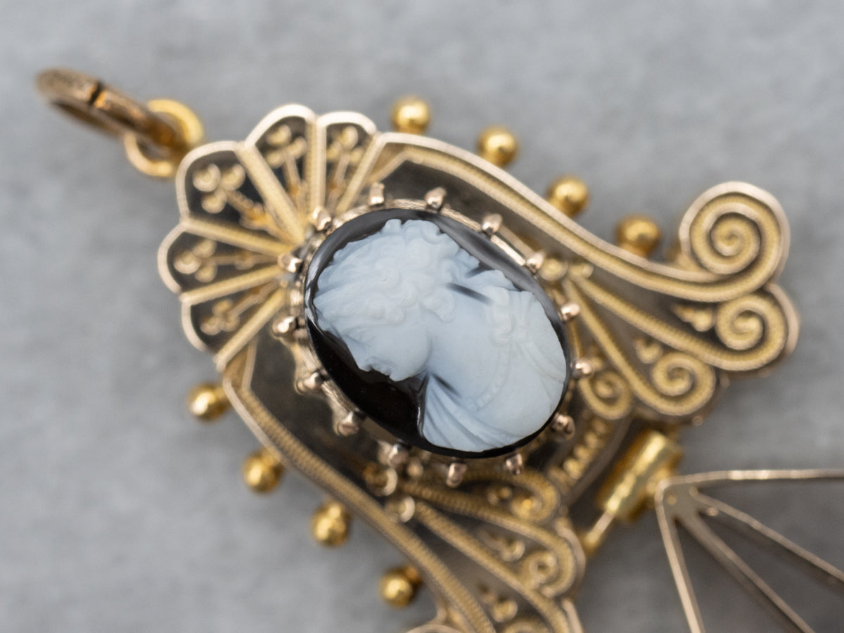 Victorian Era Ornate Sardonyx Cameo Gold Drop Pendant