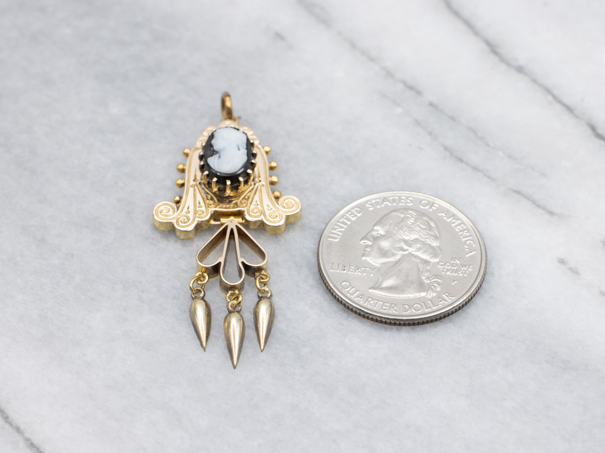 Victorian Era Ornate Sardonyx Cameo Gold Drop Pendant