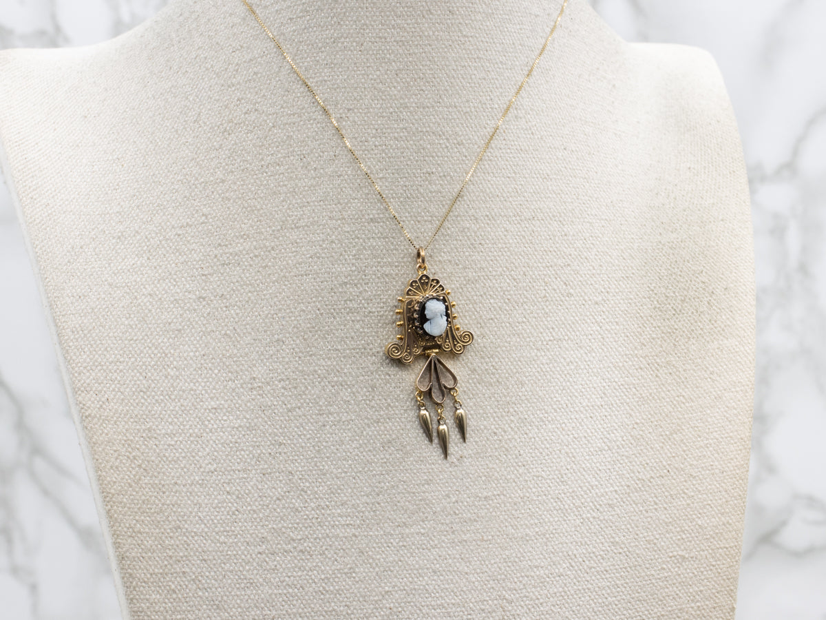 Victorian Era Ornate Sardonyx Cameo Gold Drop Pendant