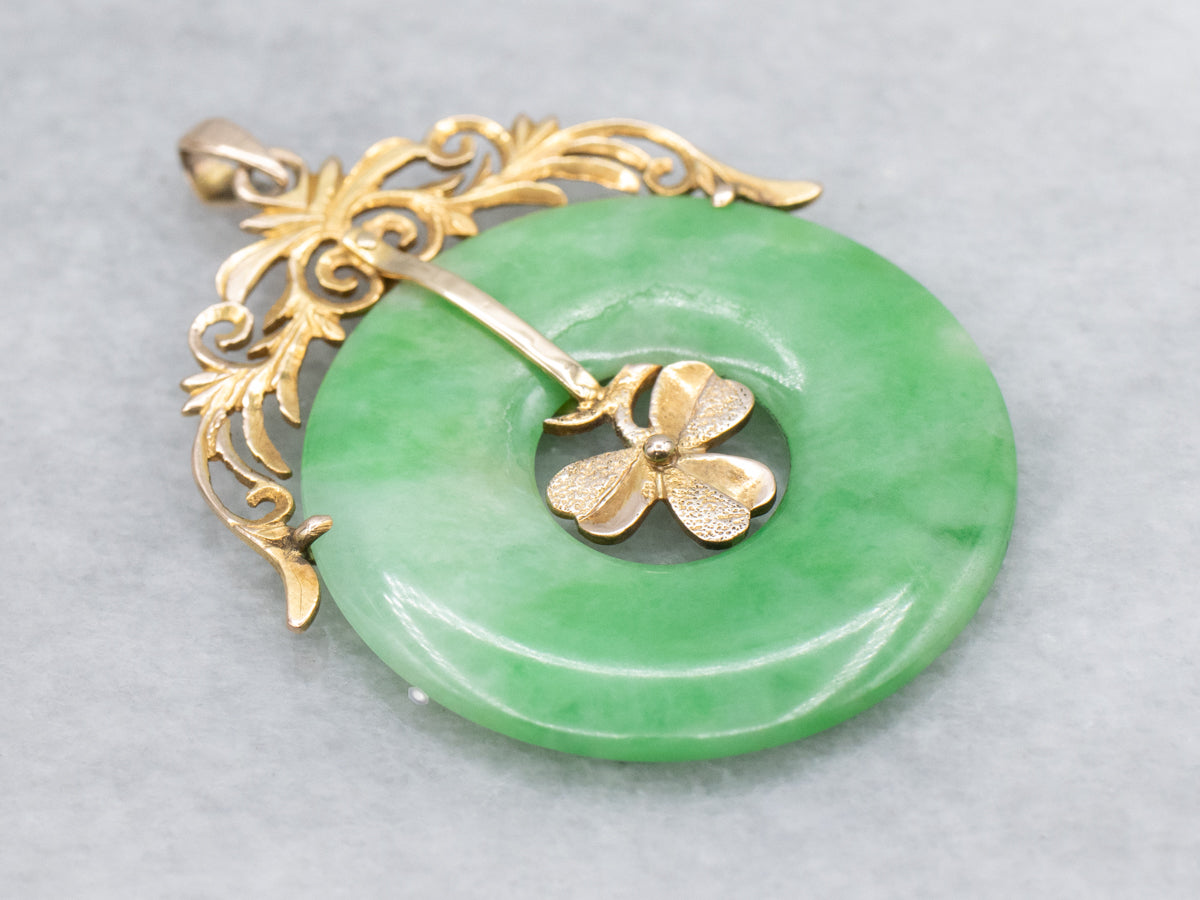 Vintage Jadeite and Gold Lucky Clover Pendant