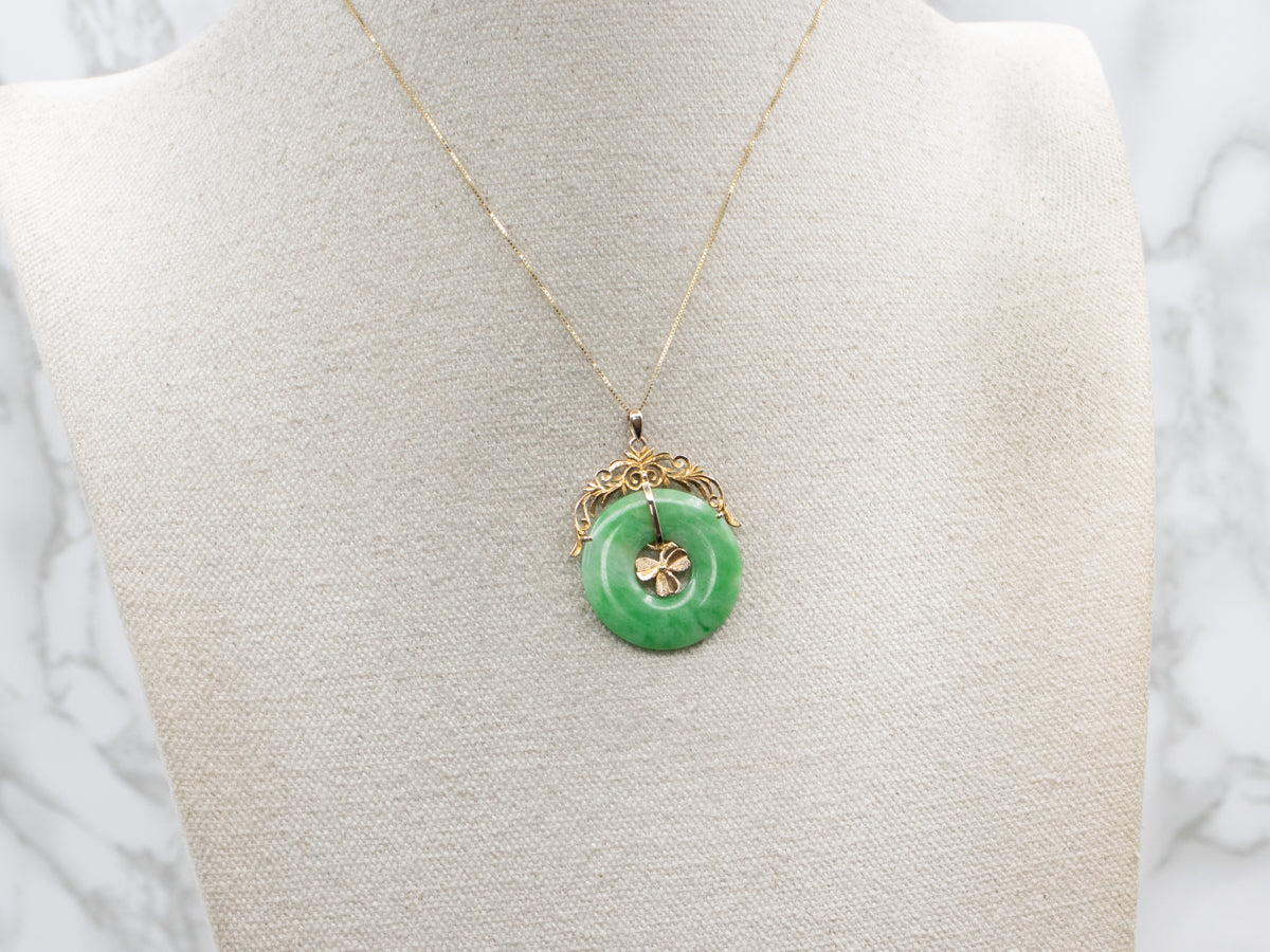 Vintage Jadeite and Gold Lucky Clover Pendant