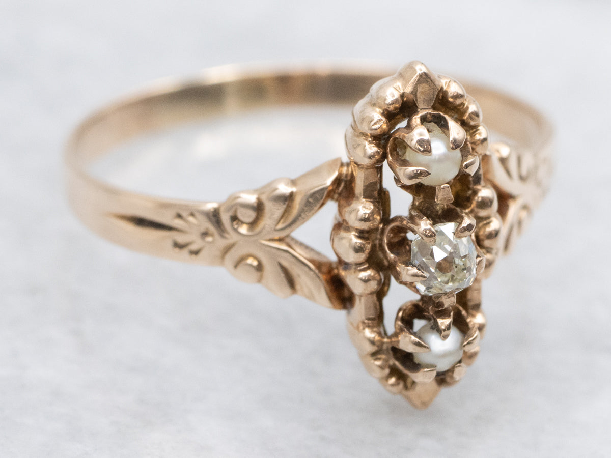 Victorian Old Mine Cut Diamond and Seed Pearl Dinner Ring