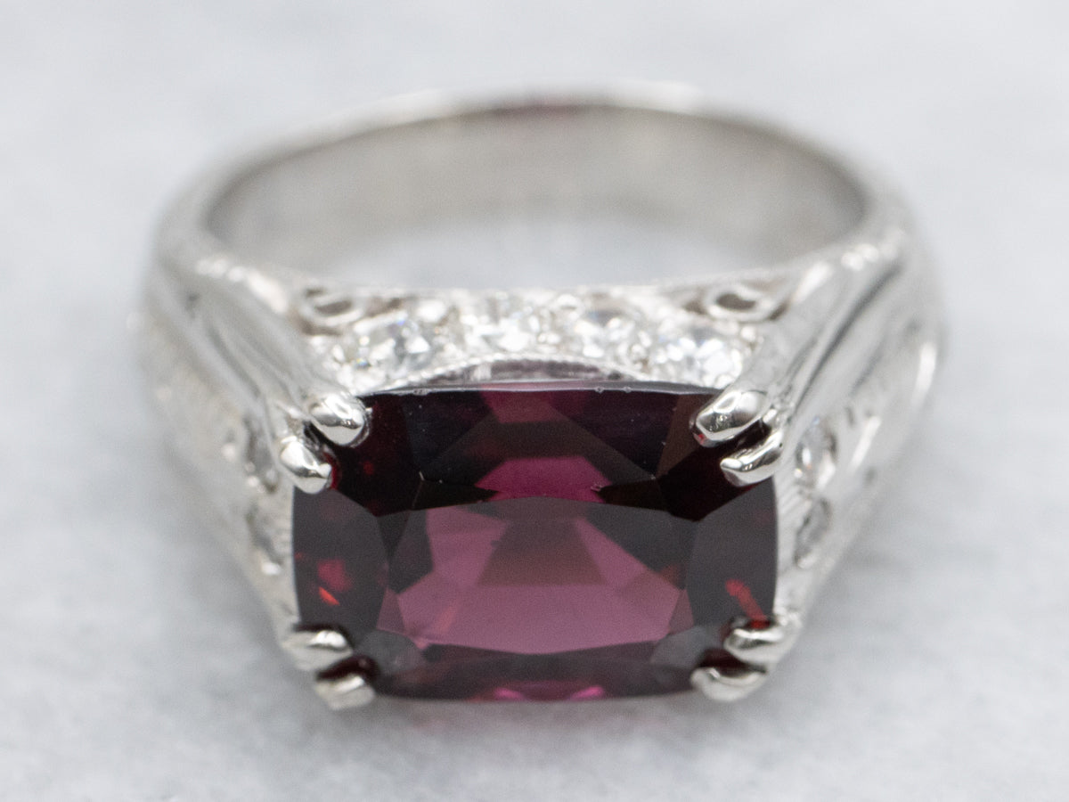Bold Rhodolite Garnet and Diamond Platinum Engraved Ring