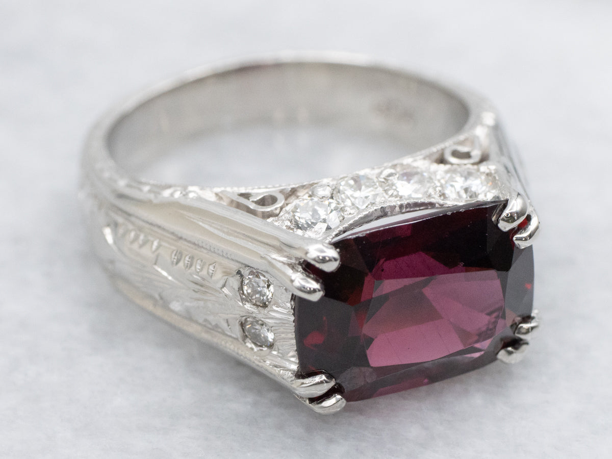 Bold Rhodolite Garnet and Diamond Platinum Engraved Ring