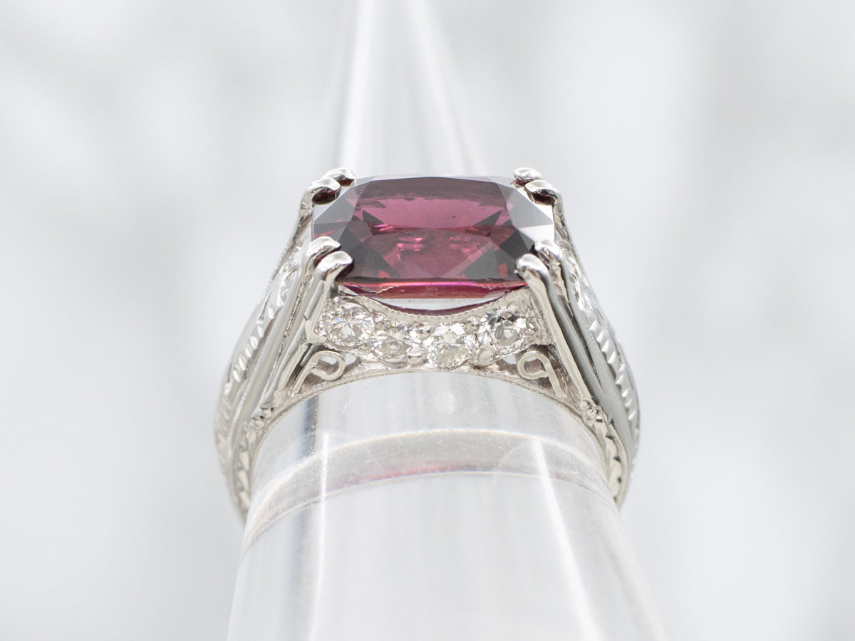 Bold Rhodolite Garnet and Diamond Platinum Engraved Ring