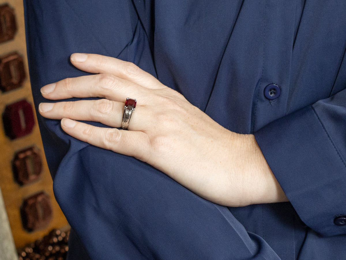 Bold Rhodolite Garnet and Diamond Platinum Engraved Ring