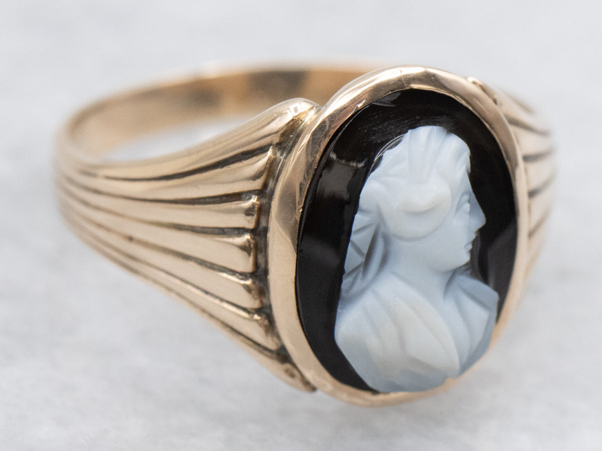 Antique Gold Onyx Cameo Ring with Grooved Shoulders