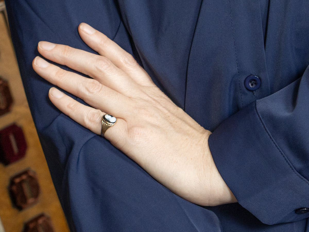 Antique Gold Onyx Cameo Ring with Grooved Shoulders