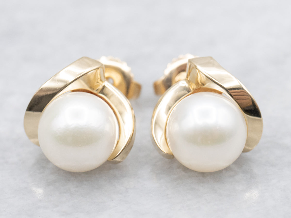 Saltwater Pearl Modernist Gold Stud Earrings