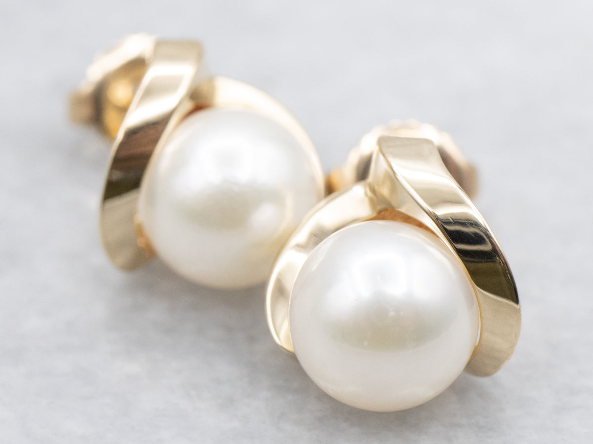 Saltwater Pearl Modernist Gold Stud Earrings