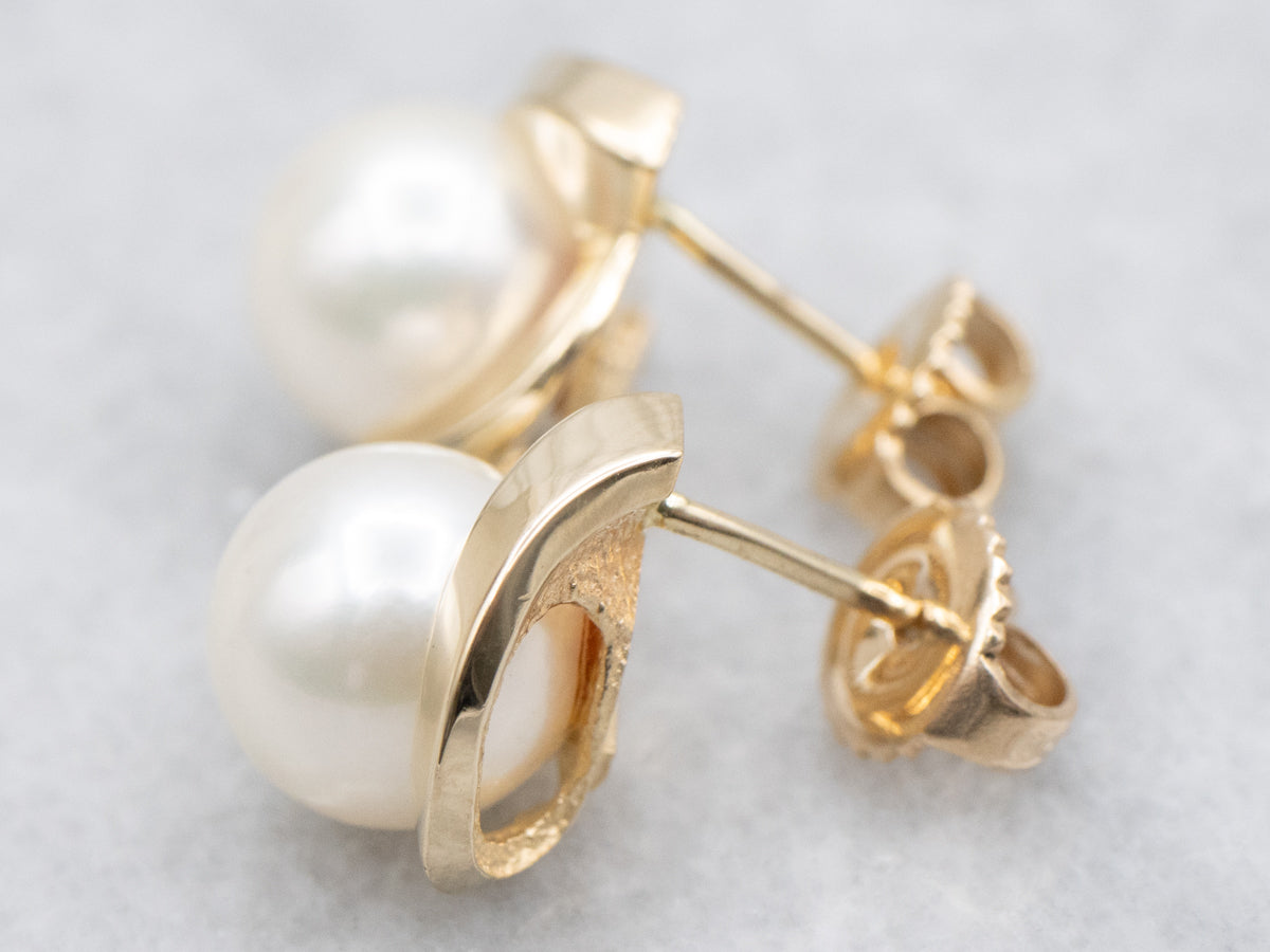 Saltwater Pearl Modernist Gold Stud Earrings