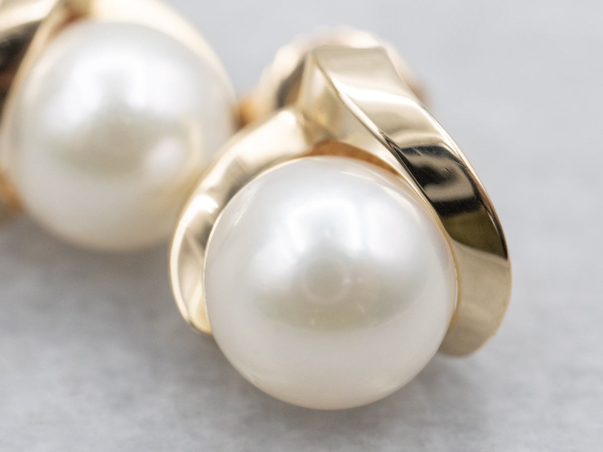 Saltwater Pearl Modernist Gold Stud Earrings