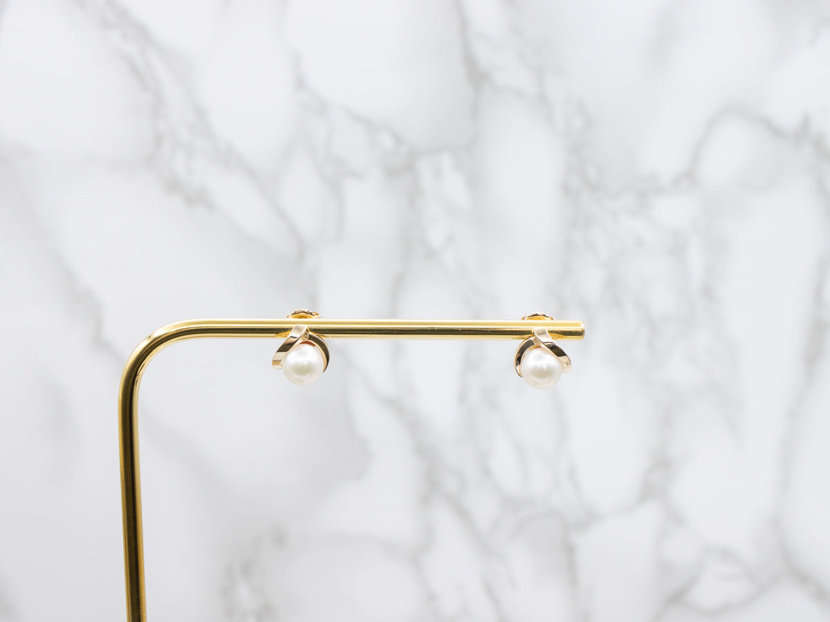 Saltwater Pearl Modernist Gold Stud Earrings
