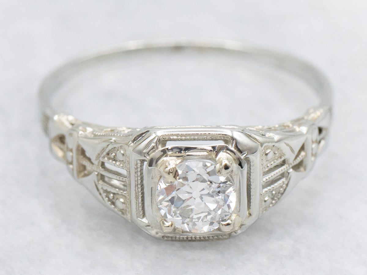 Mine Cut Diamond Gold Engagement Ring