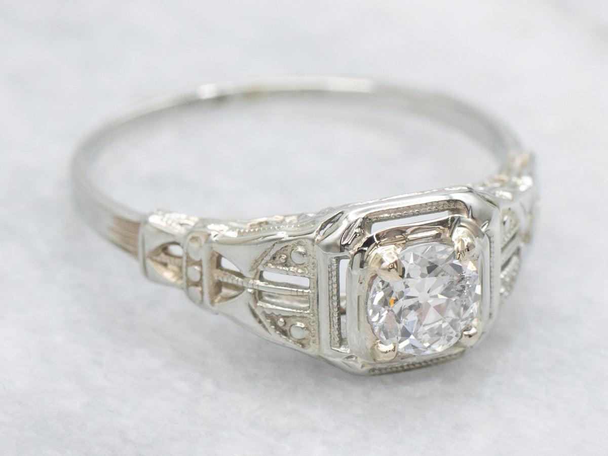 Mine Cut Diamond Gold Engagement Ring