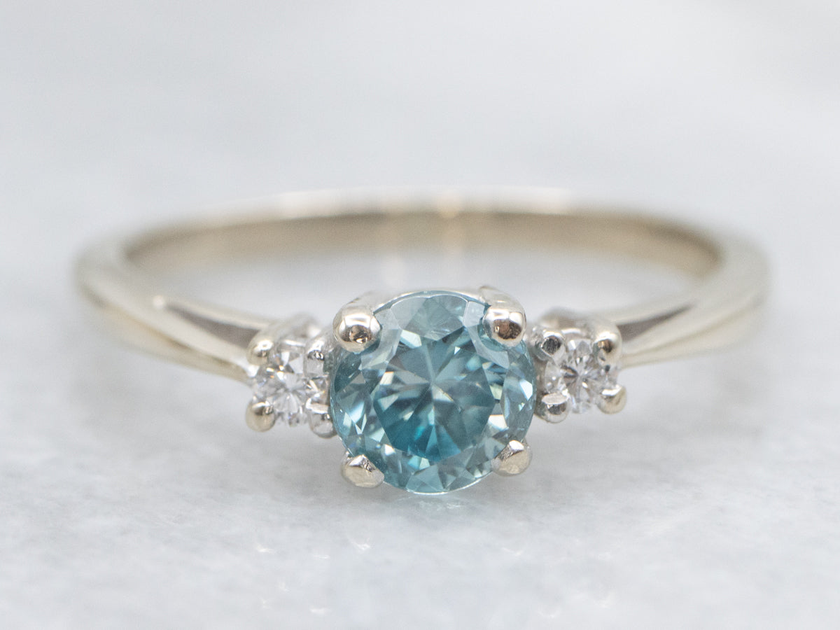 Blue Zircon and Diamond Three Stone Ring