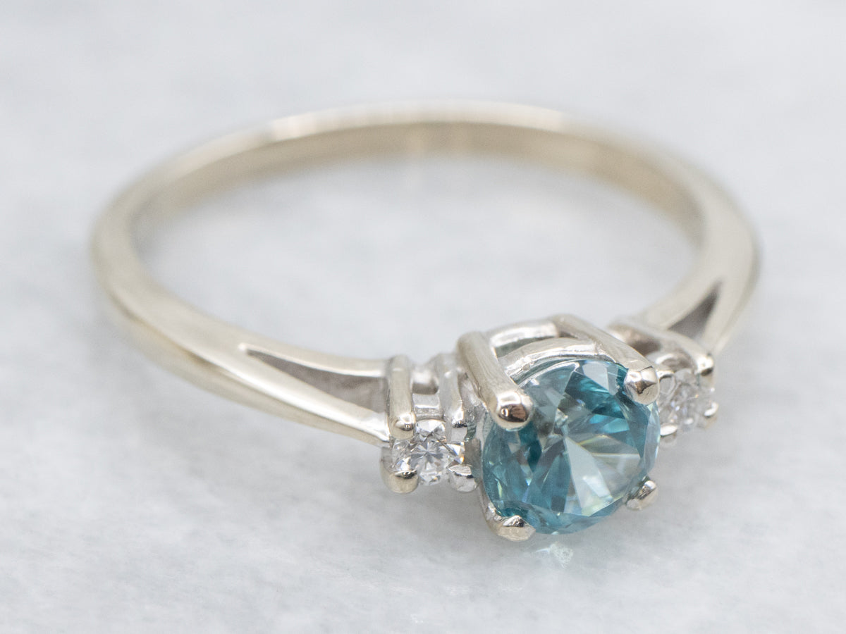 Blue Zircon and Diamond Three Stone Ring