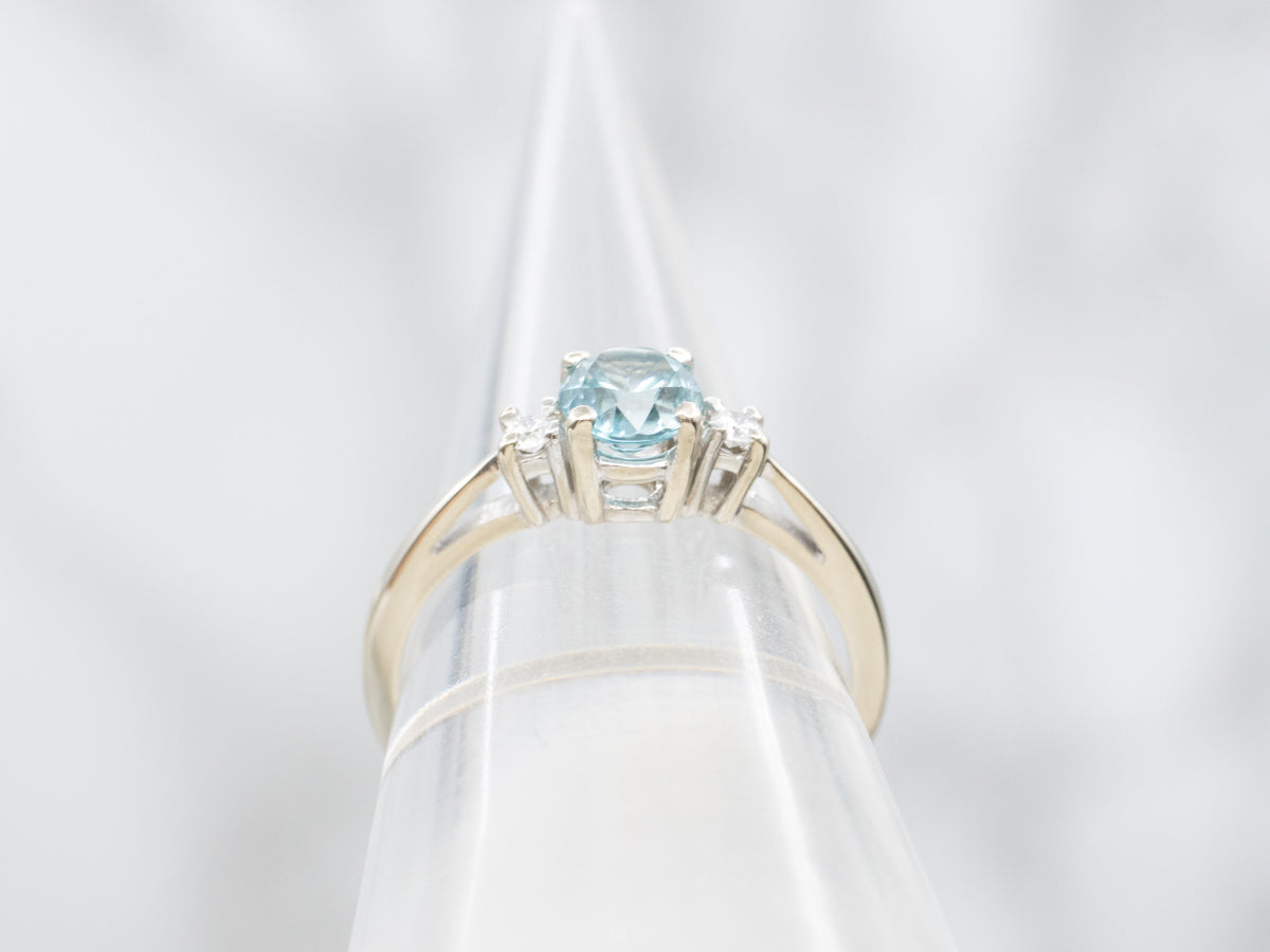 Blue Zircon and Diamond Three Stone Ring