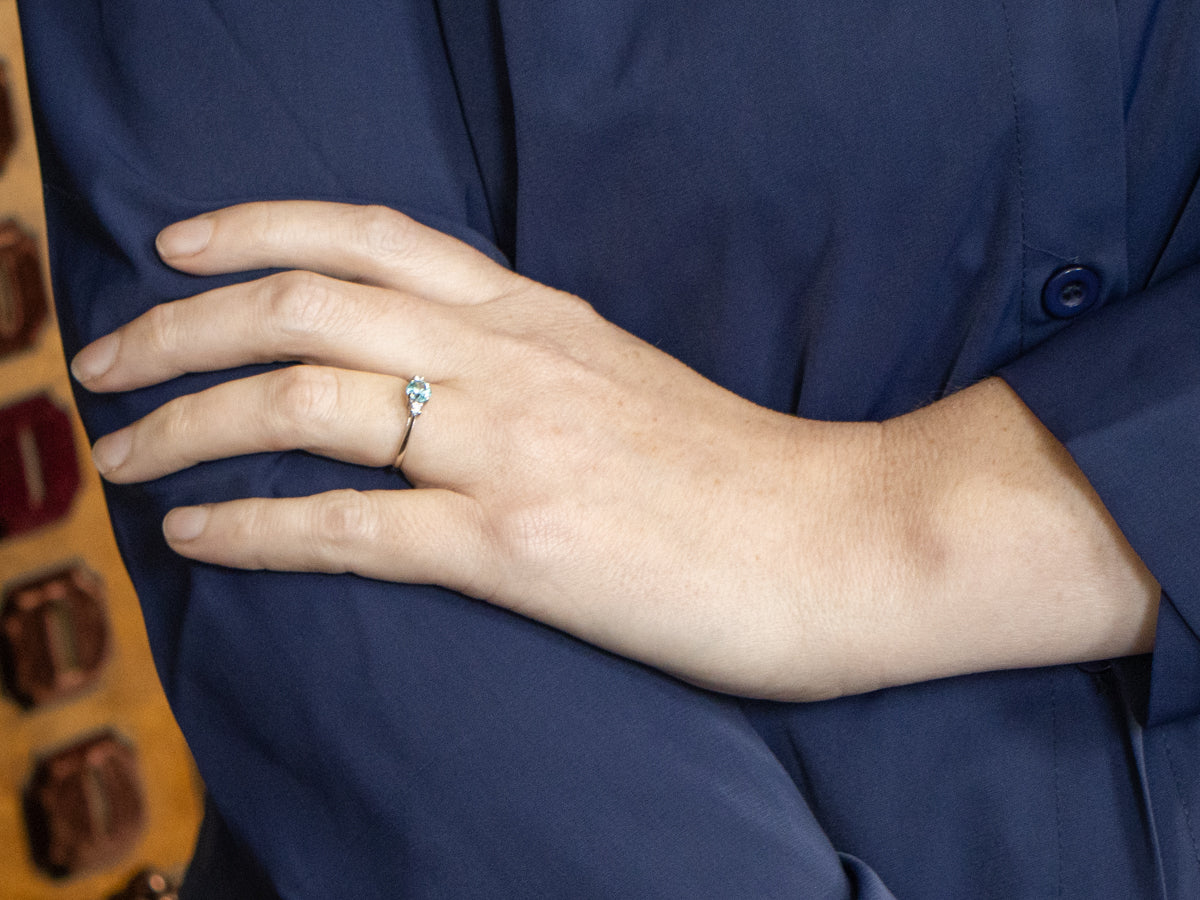 Blue Zircon and Diamond Three Stone Ring