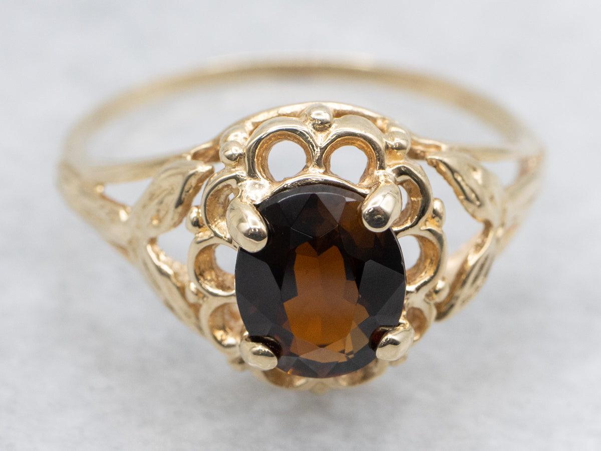 Dravite Tourmaline Solitaire Ring in Scalloped Gold Floral Setting