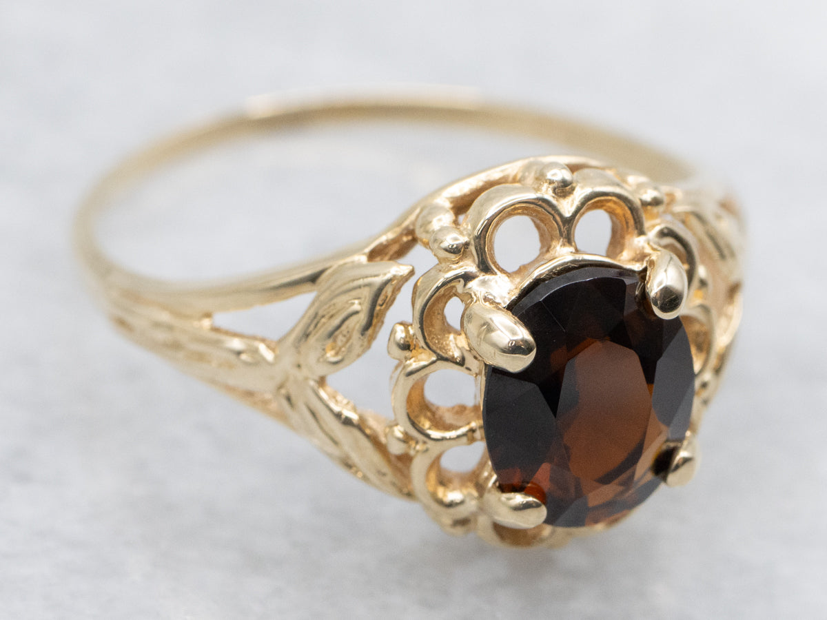 Dravite Tourmaline Solitaire Ring in Scalloped Gold Floral Setting