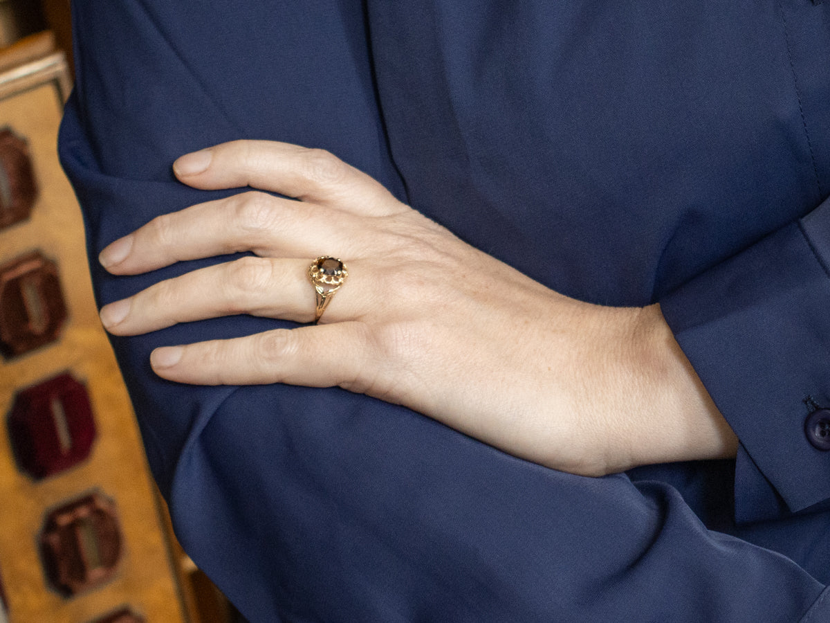 Dravite Tourmaline Solitaire Ring in Scalloped Gold Floral Setting