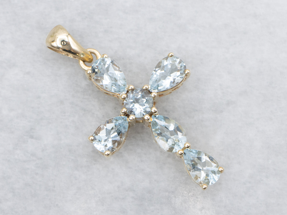 Aquamarine and Gold Gemstone Cross Pendant