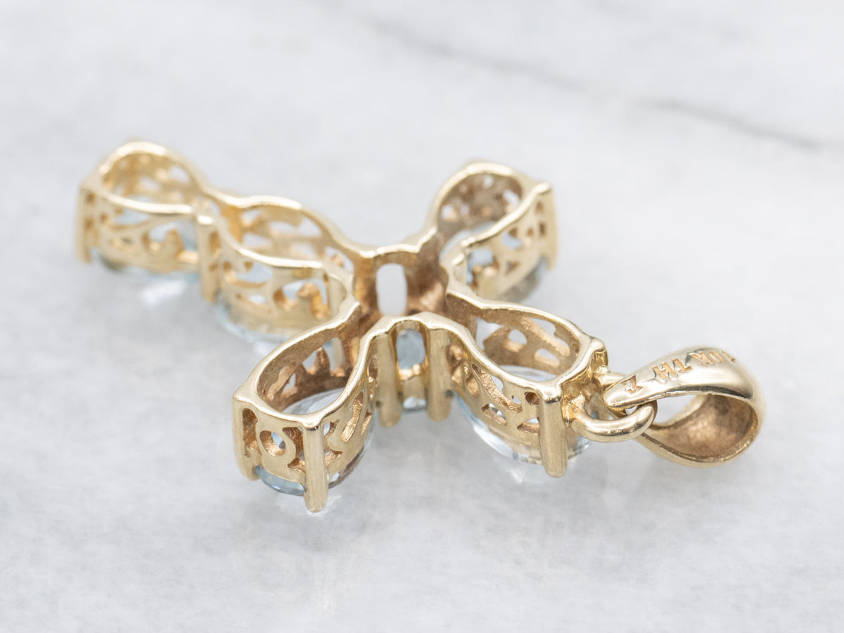 Aquamarine and Gold Gemstone Cross Pendant