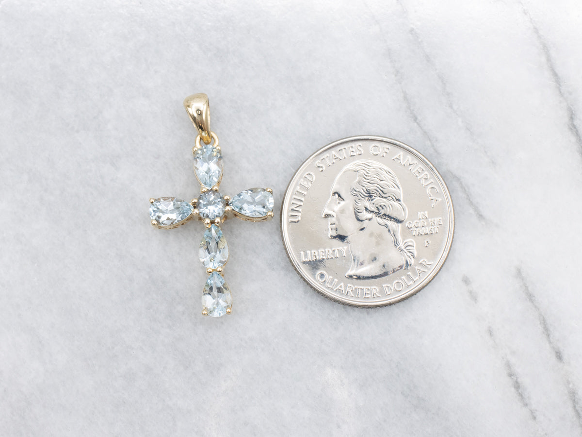 Aquamarine and Gold Gemstone Cross Pendant