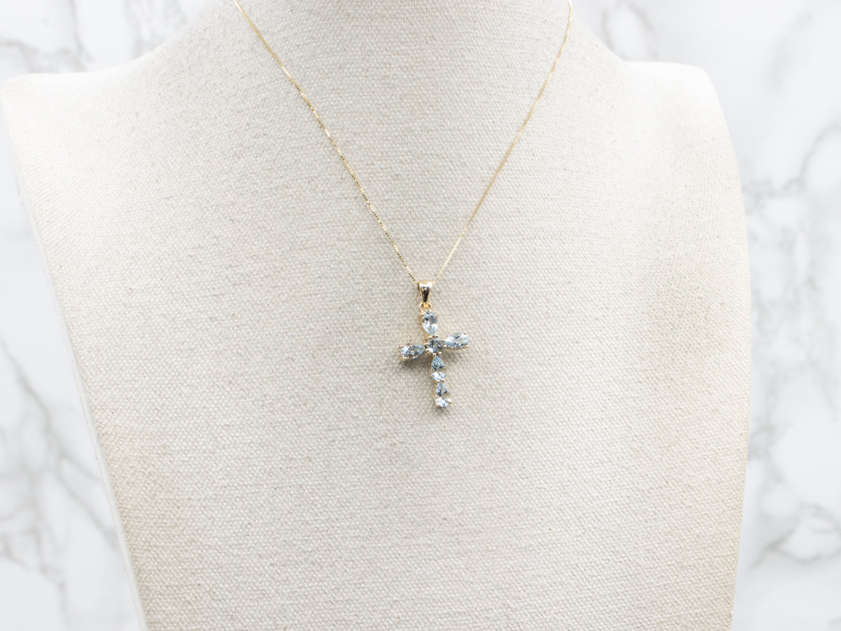 Aquamarine and Gold Gemstone Cross Pendant