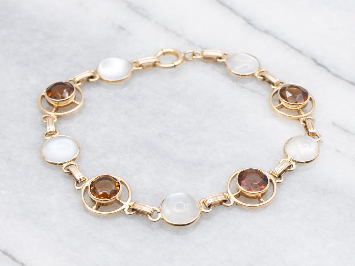 Citrine and Moonstone Gemstone and Gold Link Bracelet