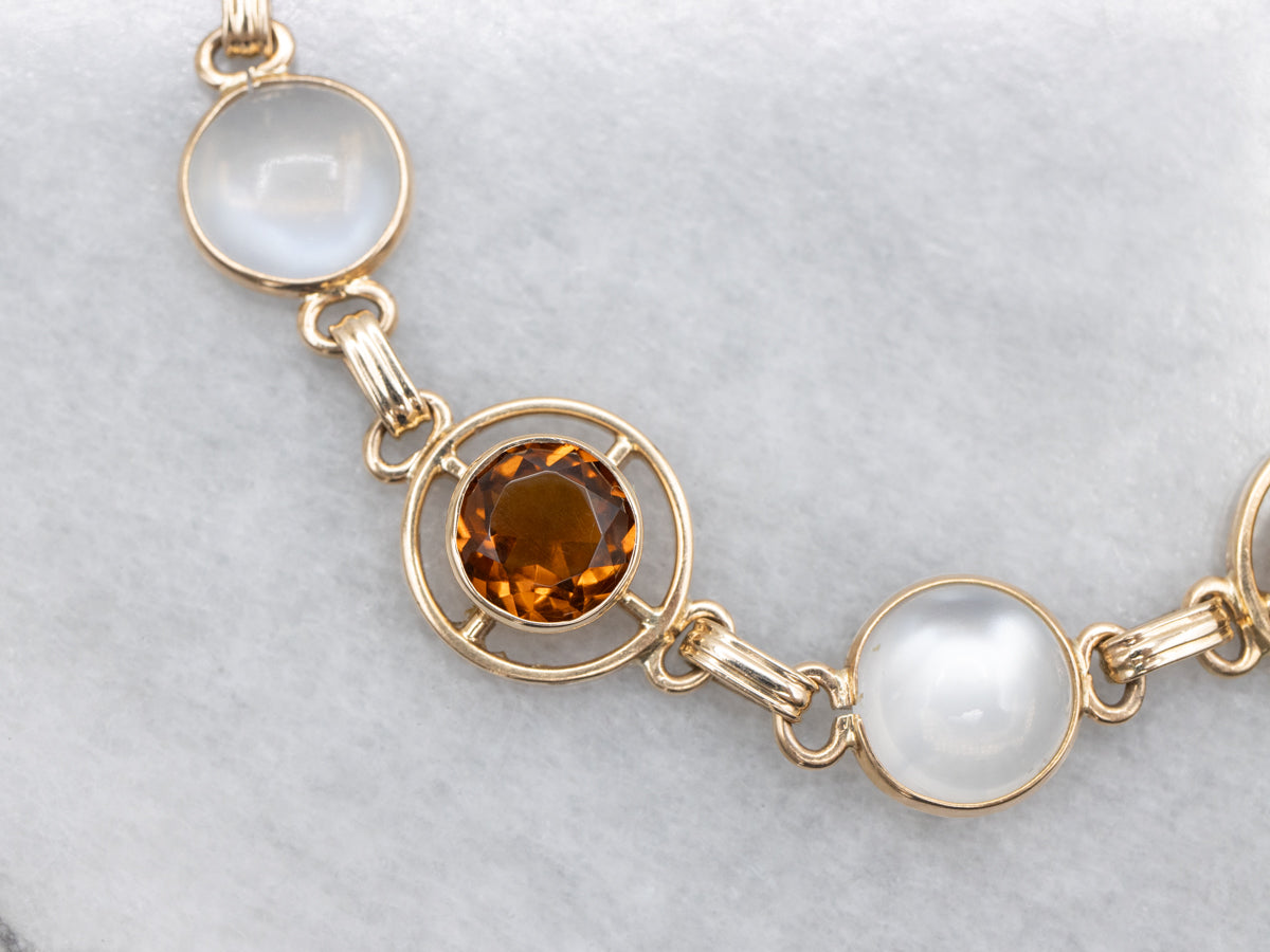 Citrine and Moonstone Gemstone and Gold Link Bracelet