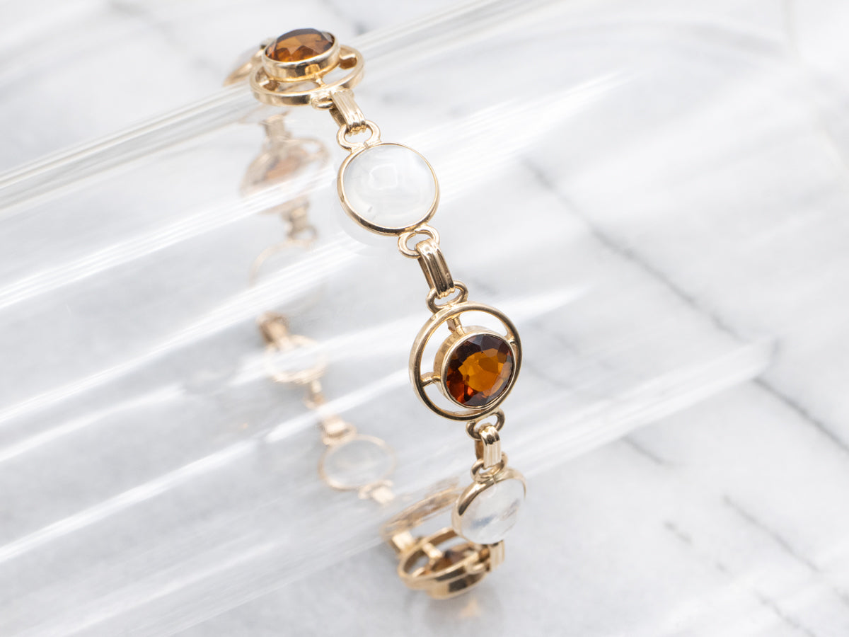 Citrine and Moonstone Gemstone and Gold Link Bracelet