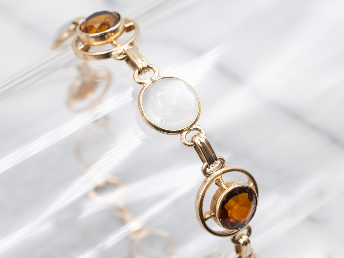 Citrine and Moonstone Gemstone and Gold Link Bracelet