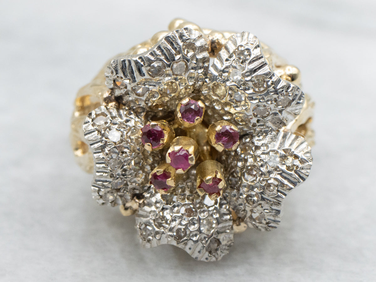 Two Tone Ruby and Diamond Cluster Flower Cocktail Ring