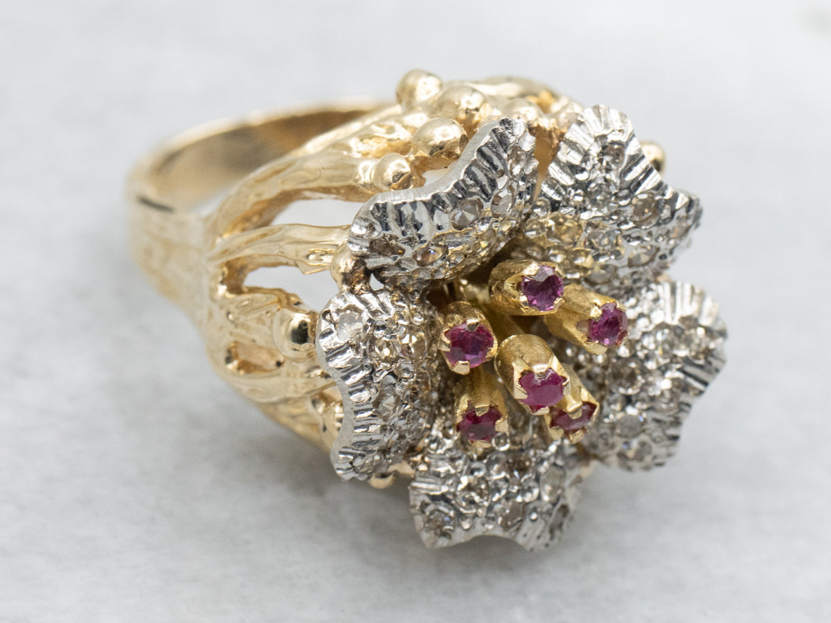 Two Tone Ruby and Diamond Cluster Flower Cocktail Ring
