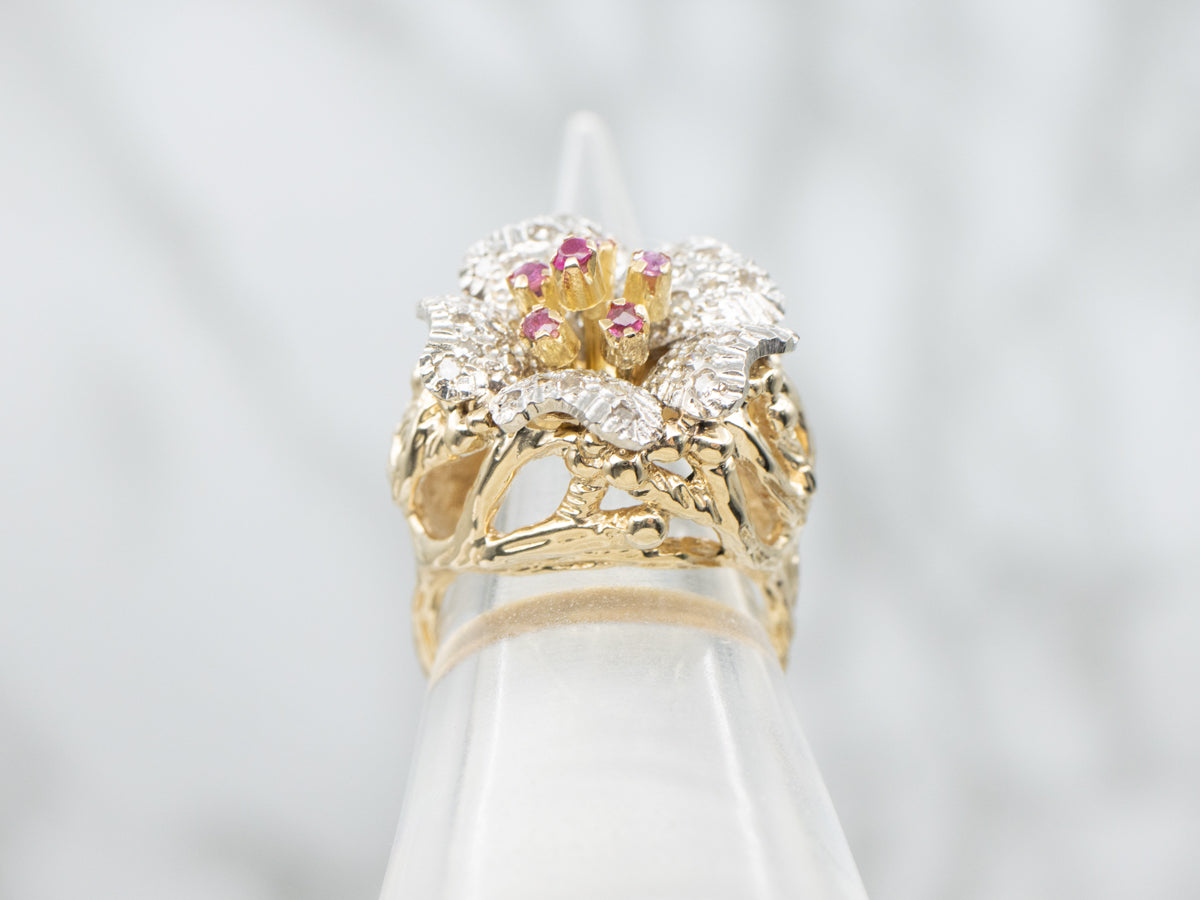Two Tone Ruby and Diamond Cluster Flower Cocktail Ring