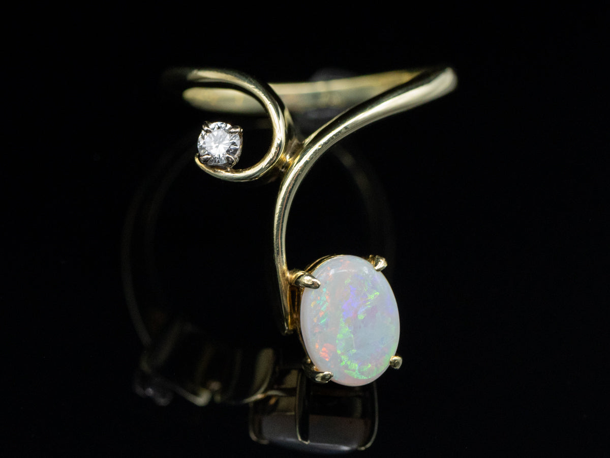 Modernist Australian Opal and Diamond Accent Gold Ring
