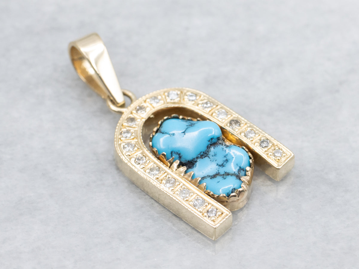 Turquoise and Diamond Gold Lucky Horseshoe Pendant