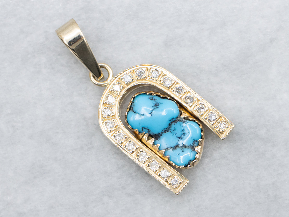 Turquoise and Diamond Gold Lucky Horseshoe Pendant