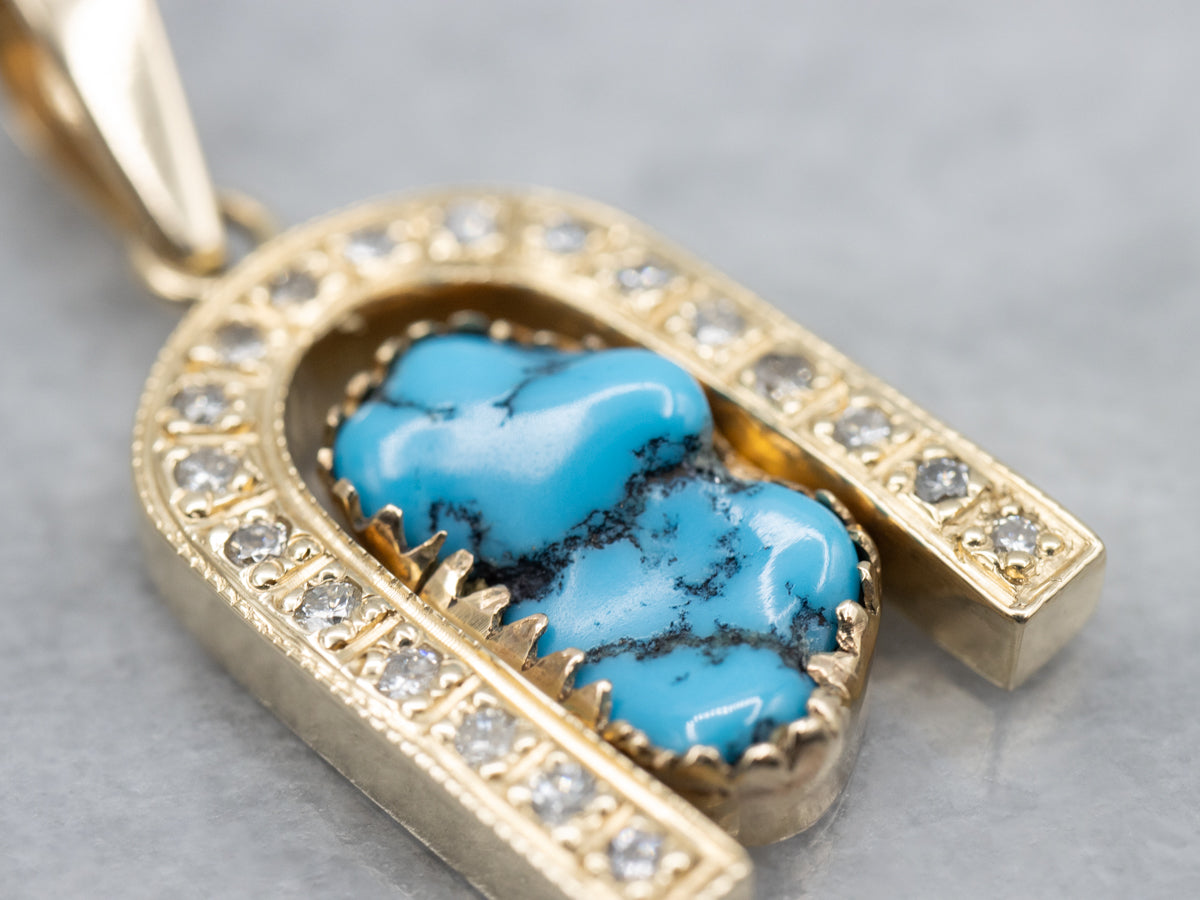 Turquoise and Diamond Gold Lucky Horseshoe Pendant