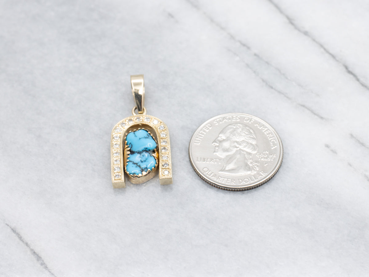 Turquoise and Diamond Gold Lucky Horseshoe Pendant