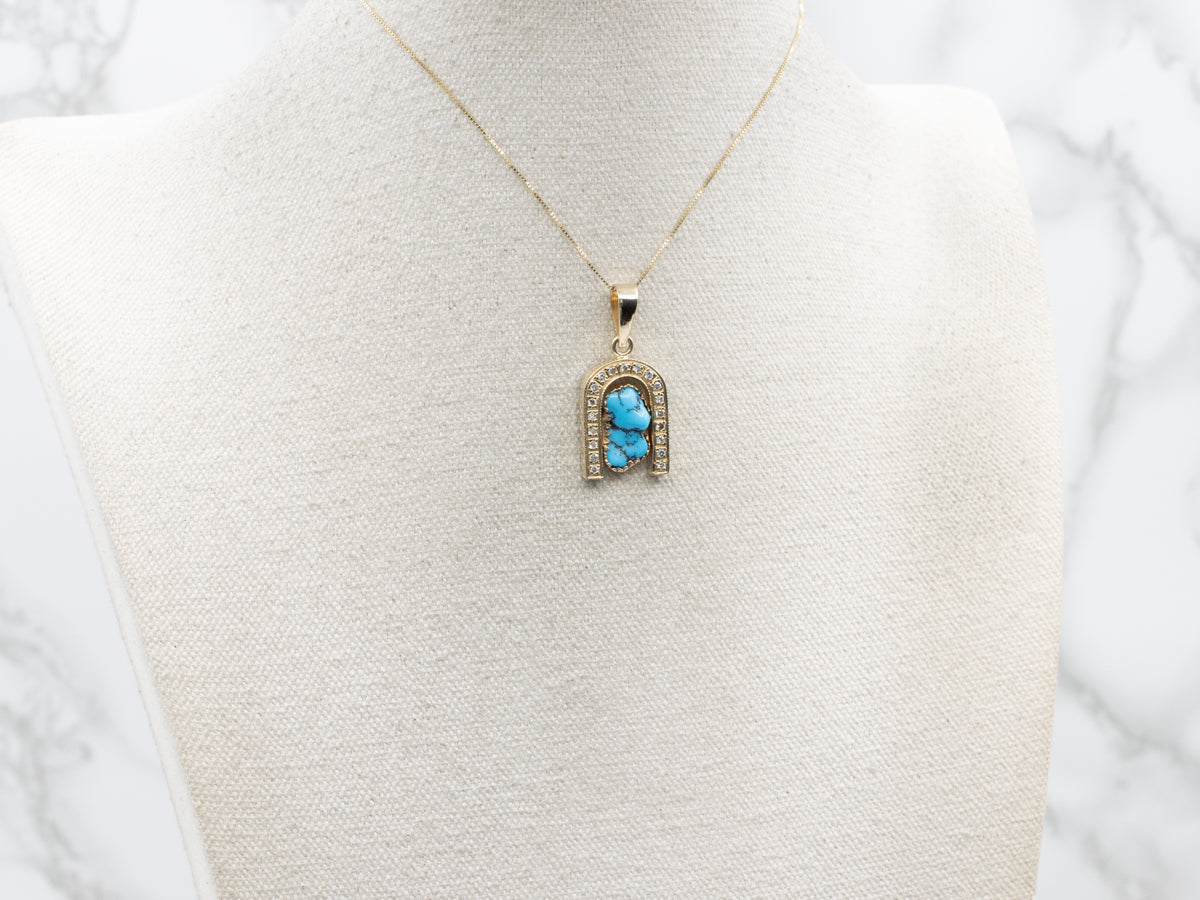 Turquoise and Diamond Gold Lucky Horseshoe Pendant