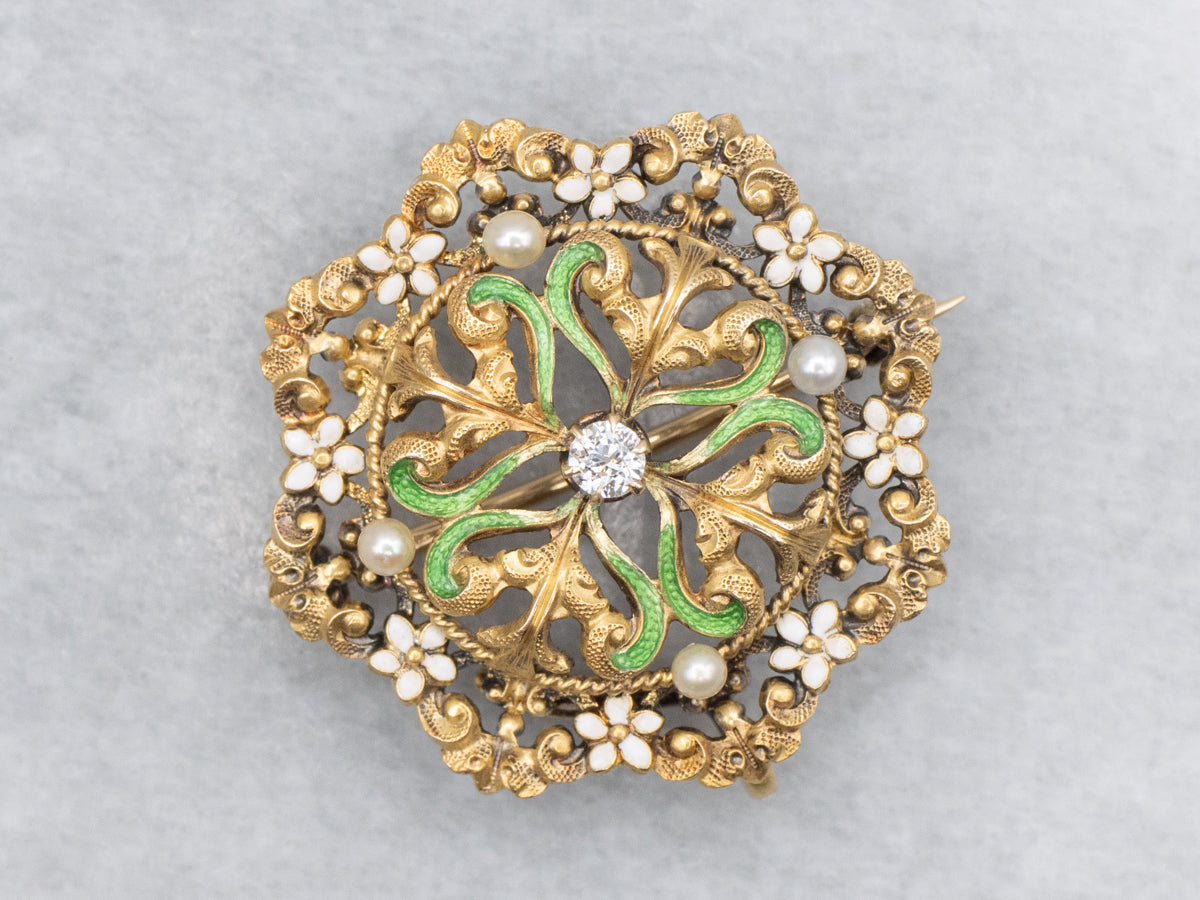 Floral Art Nouveau Era Enamel and Diamond Gold Pin or Pendant with Seed Pearl Accents